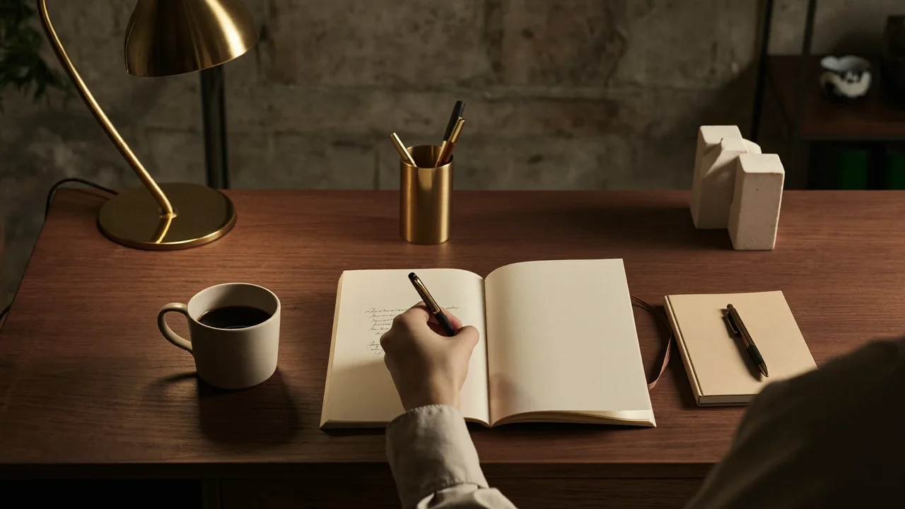Gemütlicher Arbeitsplatz am Nachmittag mit Lampe, Kaffee und Notizbuch zwischen Accessoires